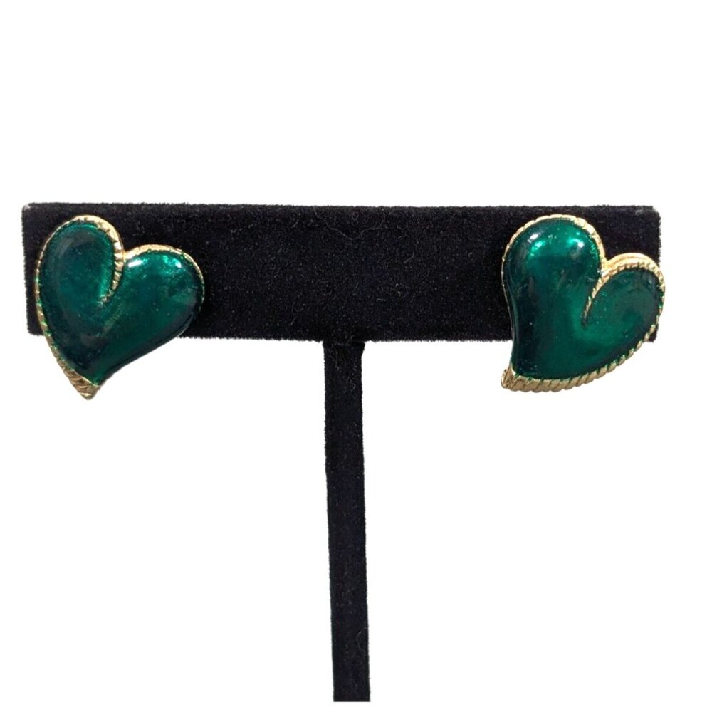 Vintage Green Enamel Heart Clip On Earrings‎ Guilloche Retro St Patricks Day